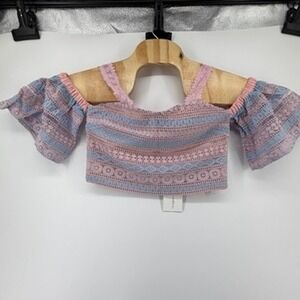 Foxiedox Womens Pink Blue Lace Off Shoulder Crop Top Size‎ S NWT
